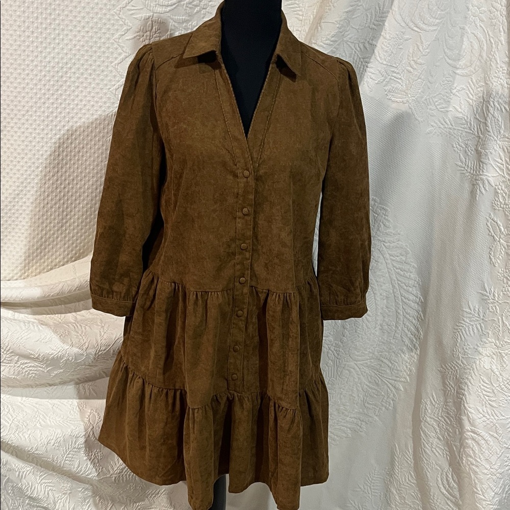 Brown Pinch Button-Up Tiered Dress, size medium